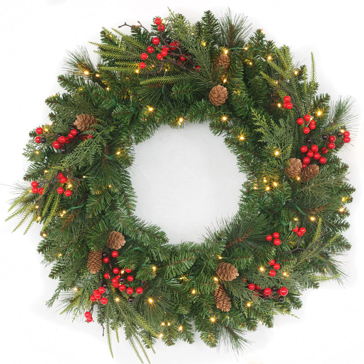 30" PE Artificial Red Lodge Mixed Pine Wreath, Micro LED Pre-Lit -Green/Red