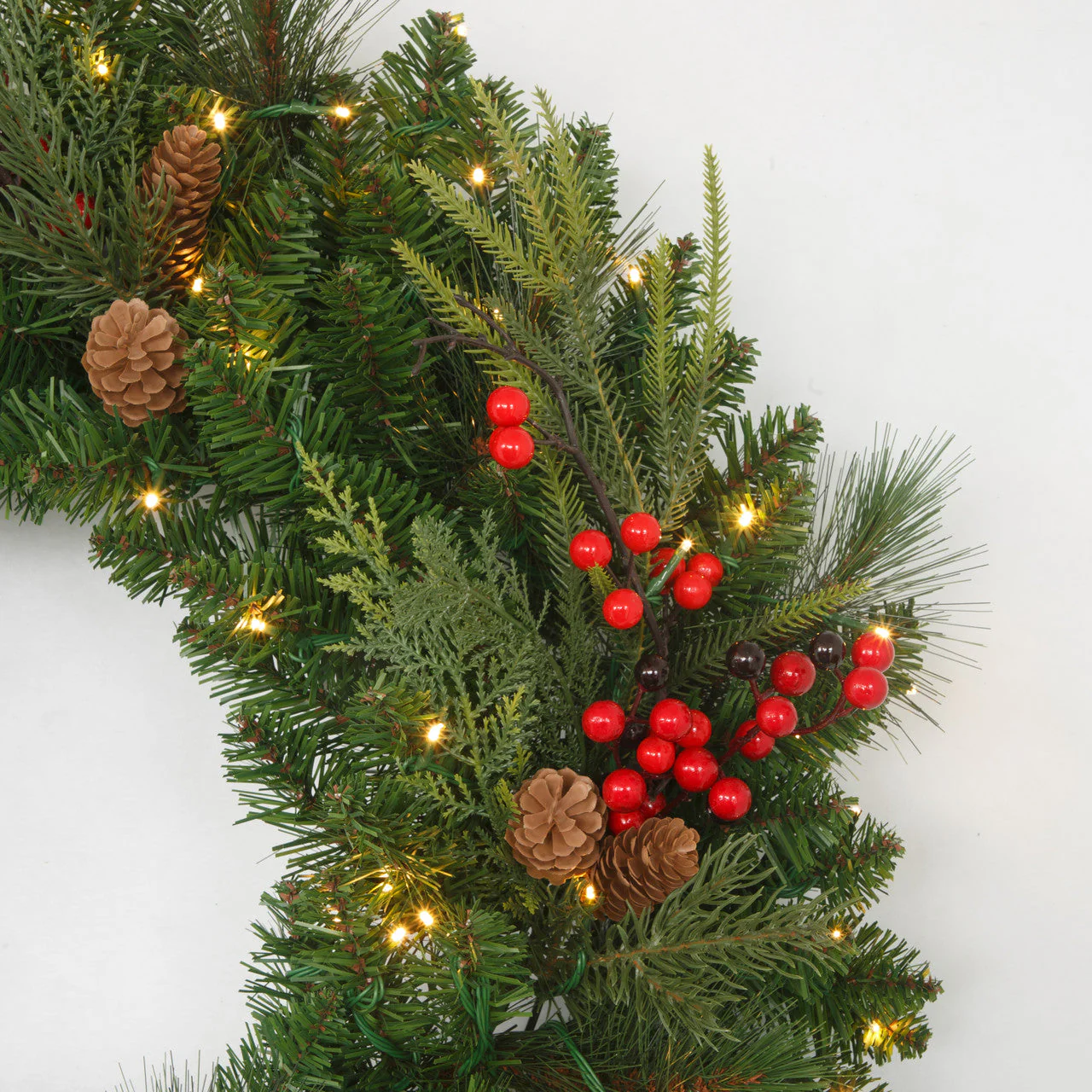 30" PE Artificial Red Lodge Mixed Pine Wreath, Micro LED Pre-Lit -Green/Red - Image 2