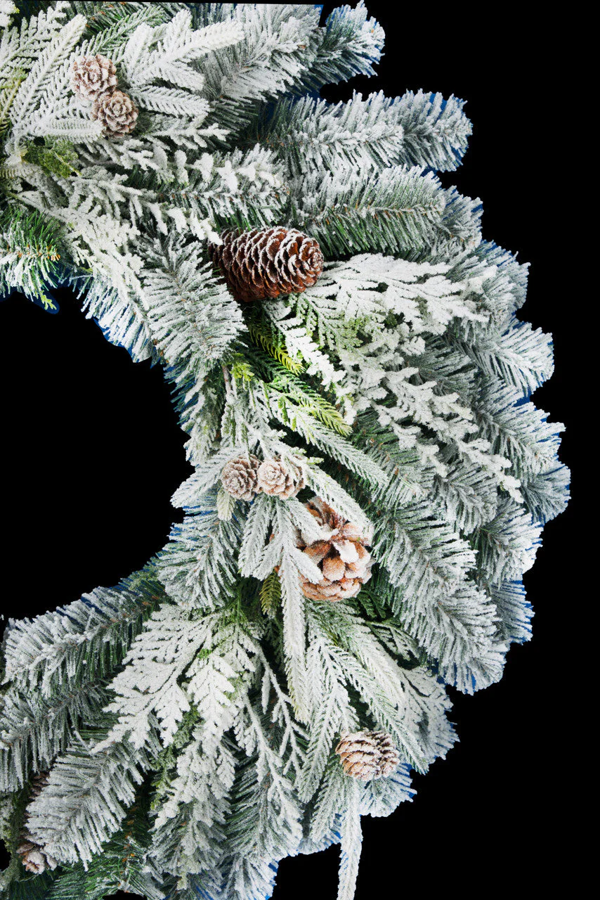 30" PE Flocked Artificial Snowy Douglas Fir & Pinecone Wreath -White/Green - Image 2