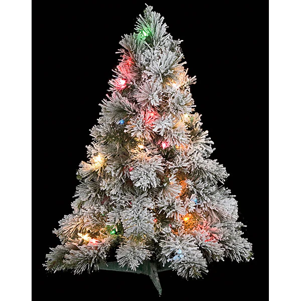30"Hx25"W Flocked Mini Pine Artificial Tree, Pre-Lit (Multicolor) -White (Pack of 2)
