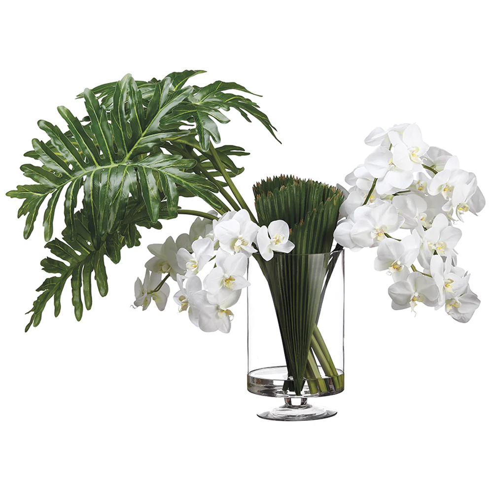 30"Hx40"W Phalaenopsis Orchid, Selloum Leaf & Palm Silk Flower Arrangement -White/Green