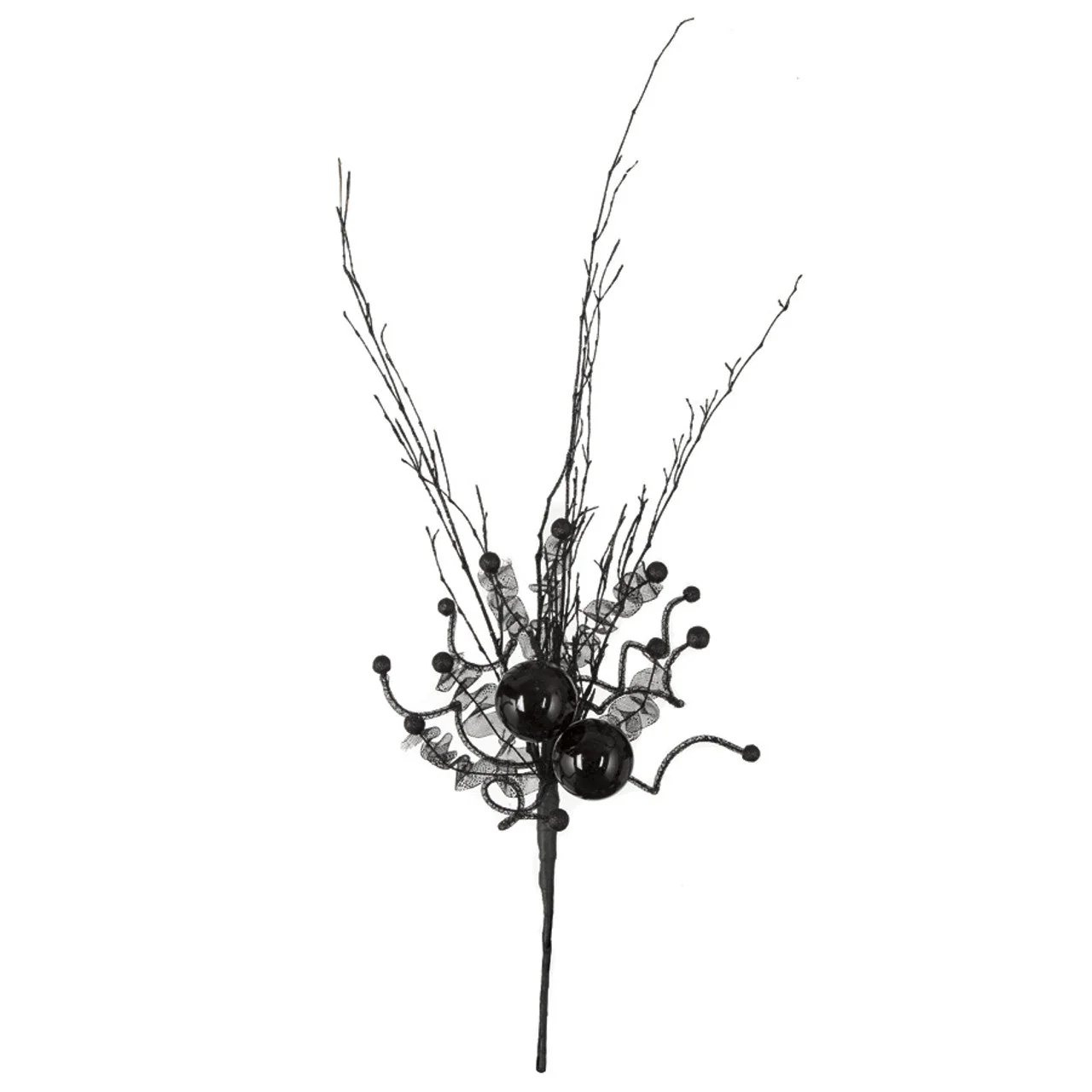 31.5" Glittered & Fabric Artificial Ball Twig Stem -Black (Pack of 6)