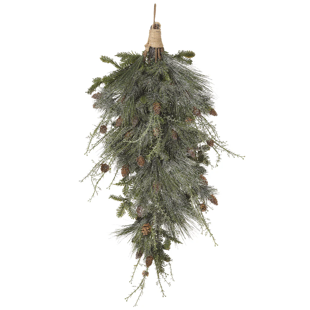 31.5" Misted Pine Artificial Hanging Teardrop Swag -Frosted Green