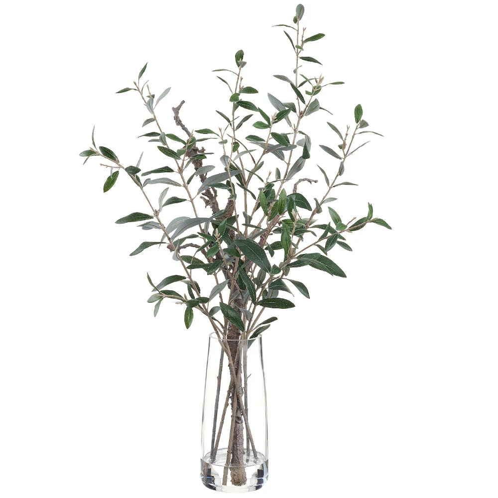 31.5" Olive Leaf & Twig Silk Arrangement w/Glass Vase -Green
