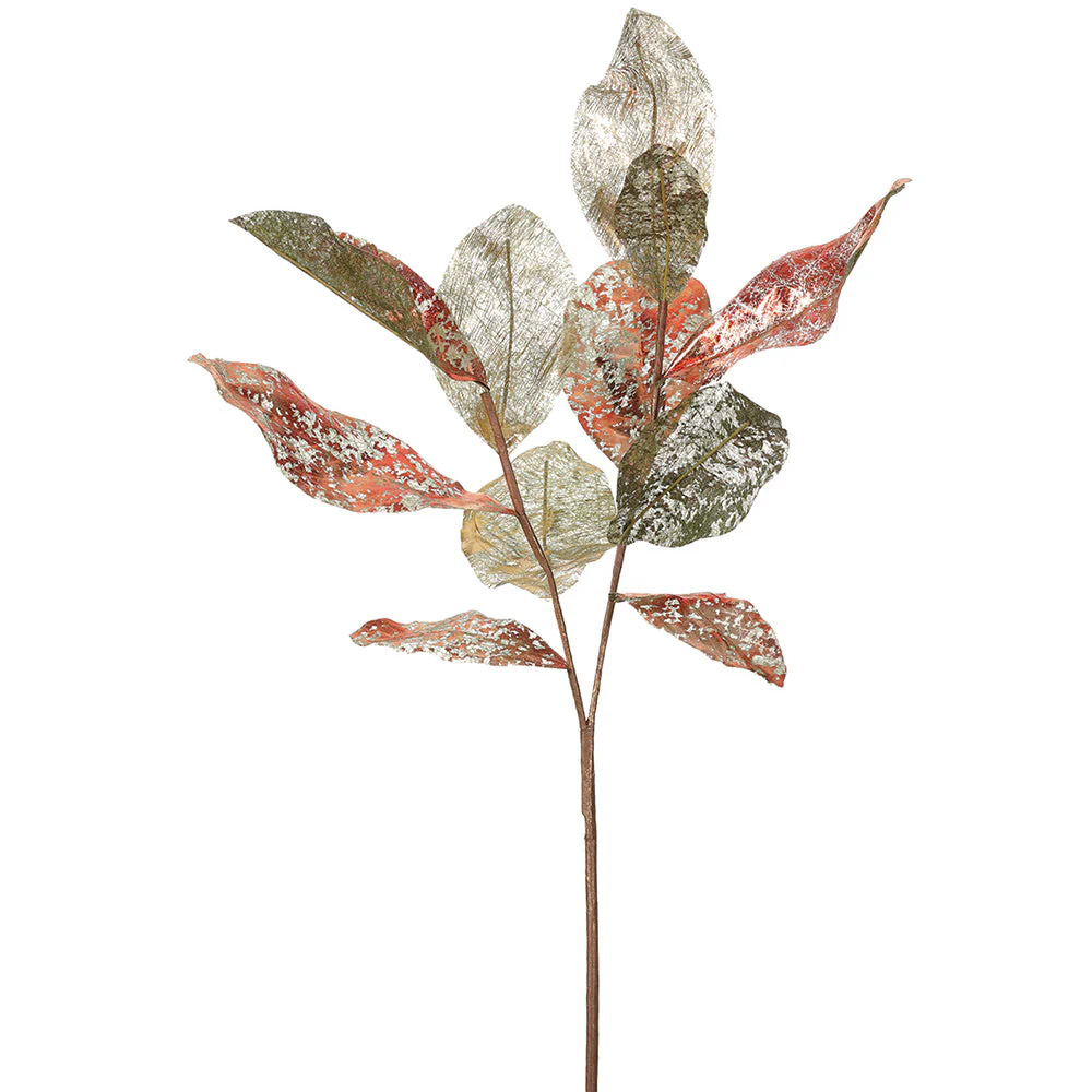 31" Metallic Artificial Magnolia Leaf Stem -Red/Green (Pack of 12)