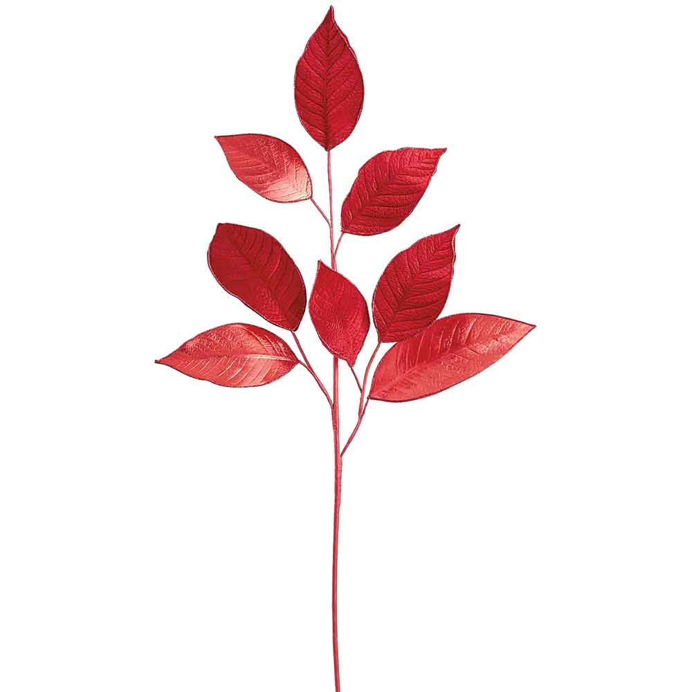 31" Metallic Velvet Artificial Magnolia Leaf Stem -Red (Pack of 12)