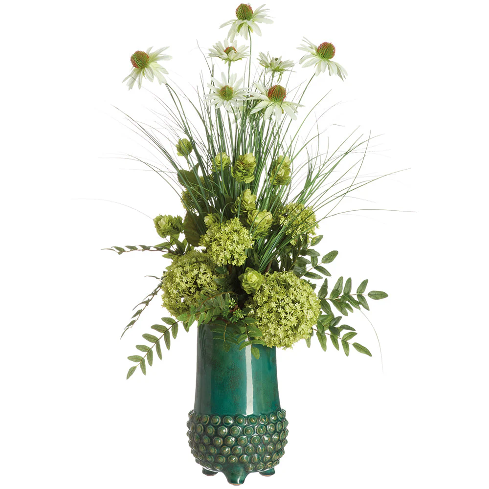 31"Hx20"W Black Eyed Susan, Snowball, Hops & Grass Silk Flower Arrangement w/Terra Cotta Vase -Cream/Green
