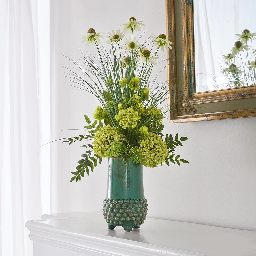 31"Hx20"W Black Eyed Susan, Snowball, Hops & Grass Silk Flower Arrangement w/Terra Cotta Vase -Cream/Green - Image 2