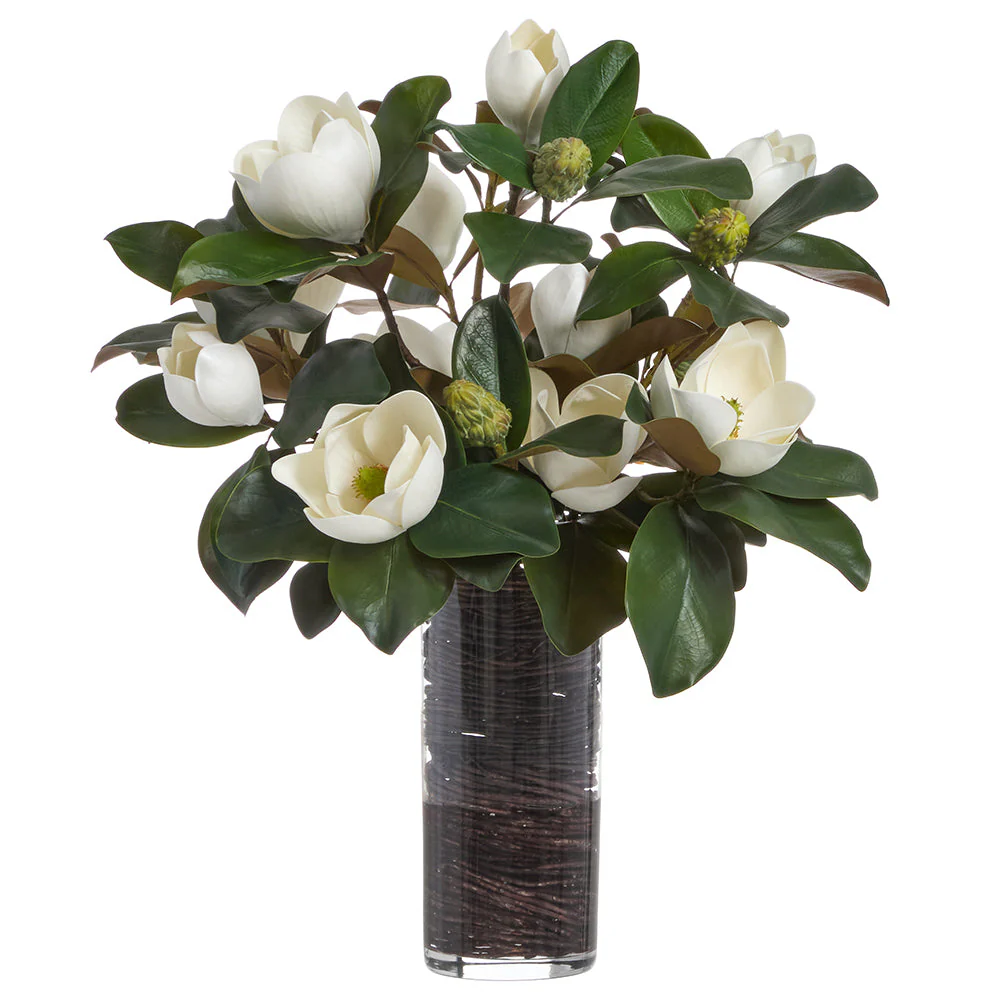 31"Hx26"W Magnolia & Twig Silk Flower Arrangement w/Glass Vase -White