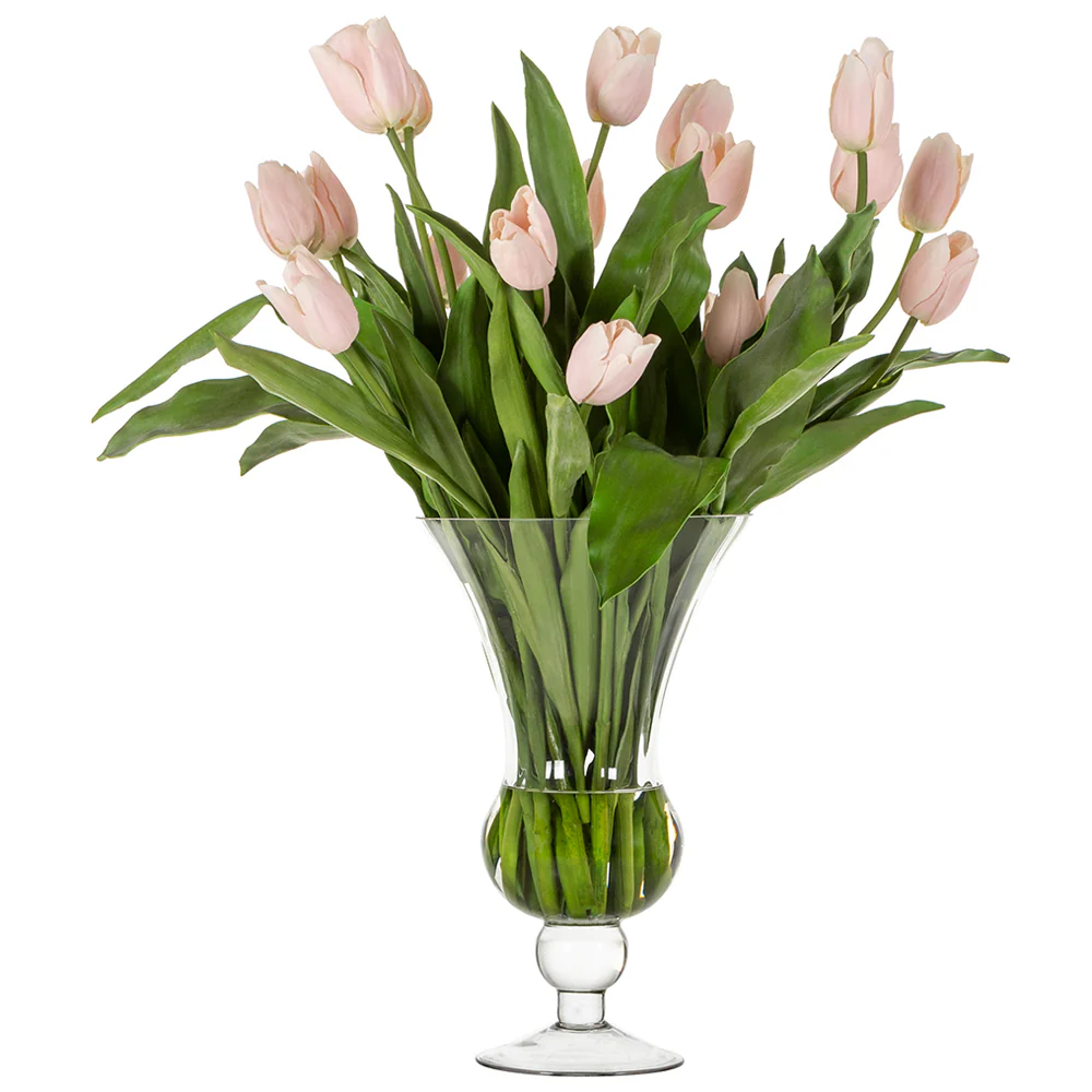 31"Hx30"W Silk Tulip Flower Arrangement w/High Footed Glass Vase -Pink/Green
