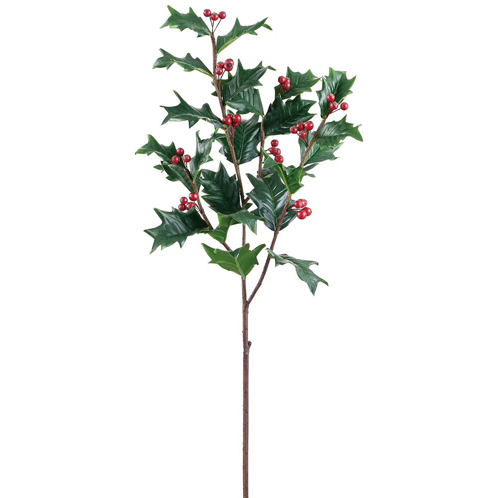 32" Artificial Holly Leaf & Berry Stem -Green/Red (Pack of 12)
