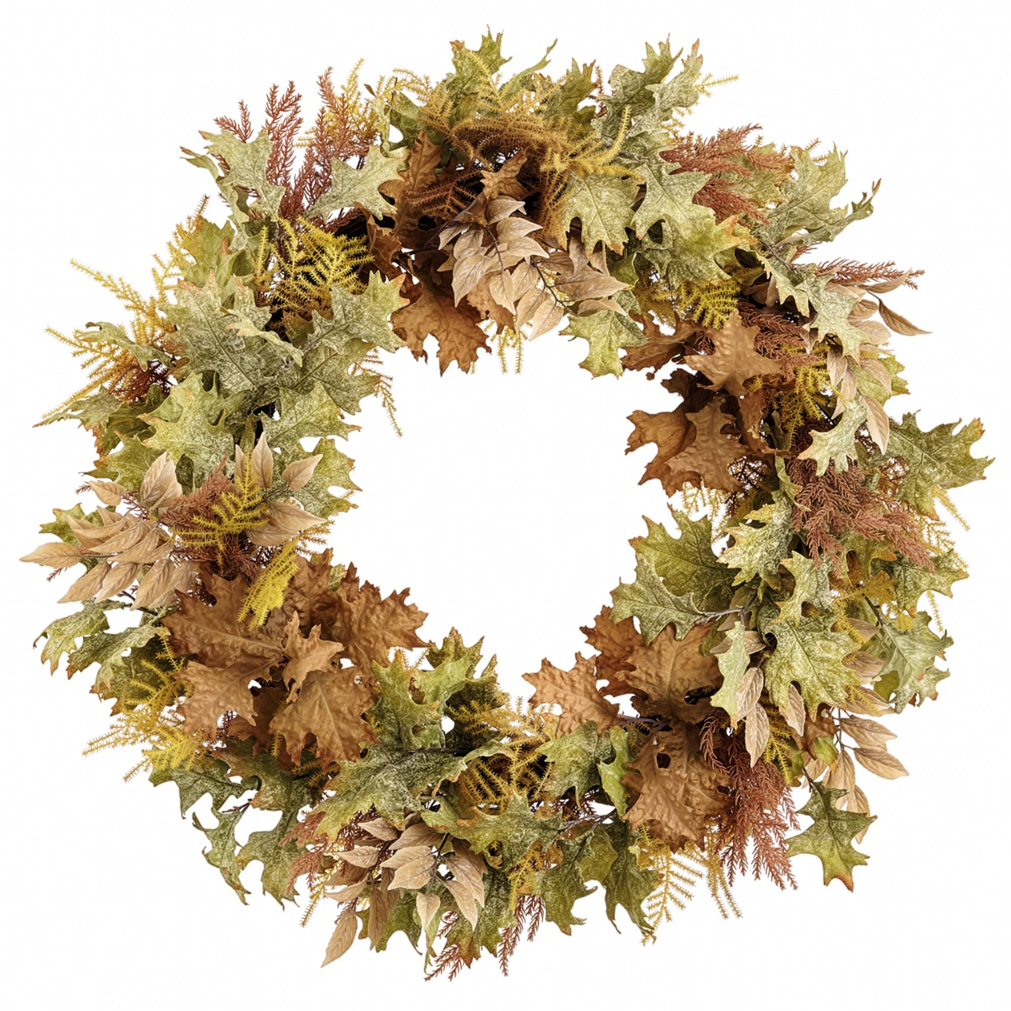 32" Artificial Oak & Fern Leaf Wreath -Green/Mustard (Pack of 2)