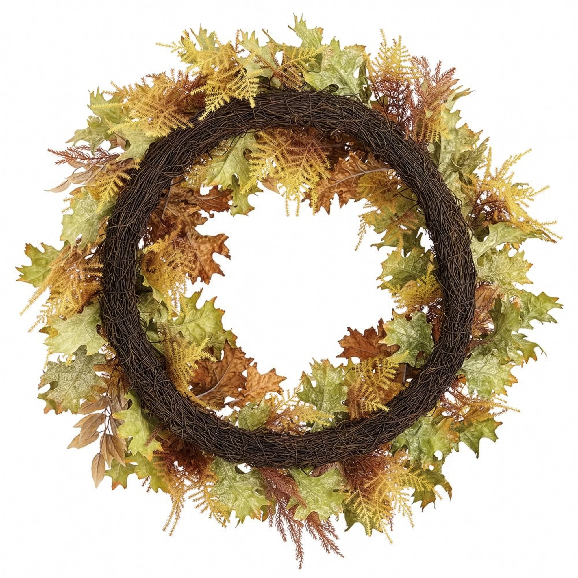 32" Artificial Oak & Fern Leaf Wreath -Green/Mustard (Pack of 2) - Image 2