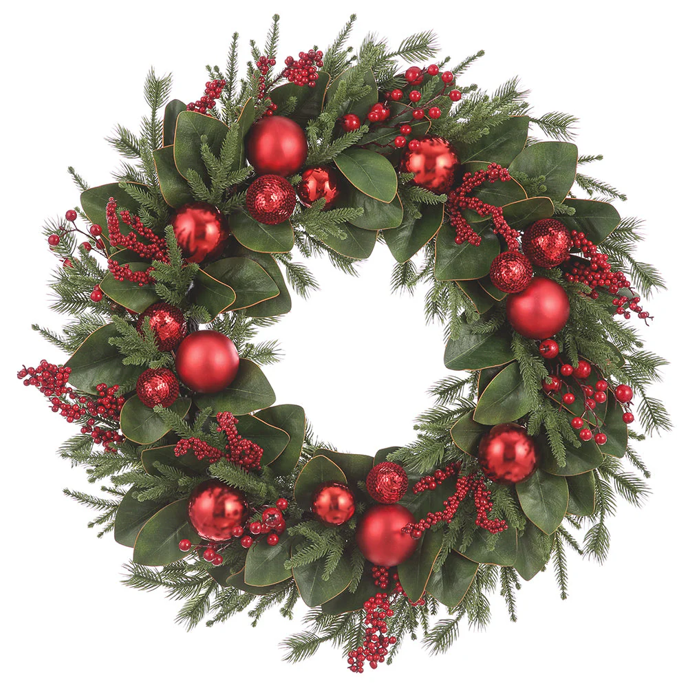 32" Artificial Ornament Ball, Berry, Magnolia Leaf & Pine Wreath -Red/Green (Pack of 2)