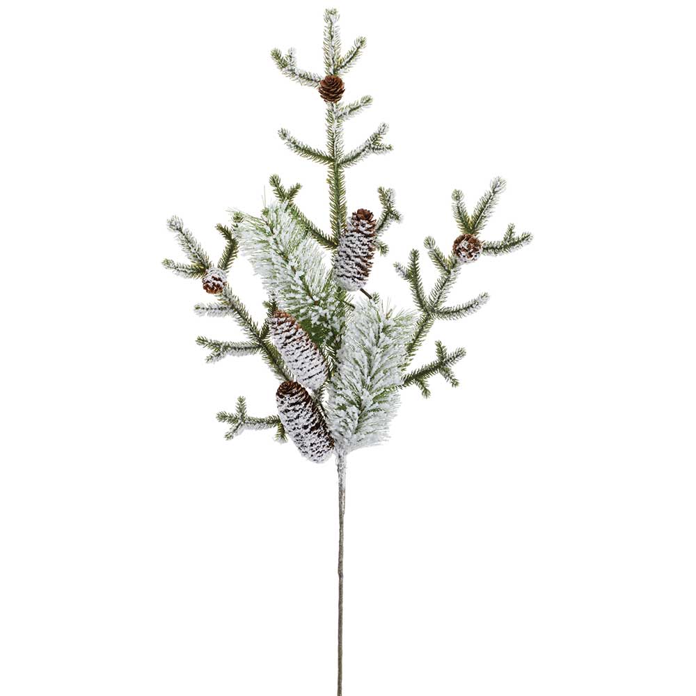 32" Flocked Artificial Mixed Pine & Pinecone Stem -White/Green (Pack of 12)