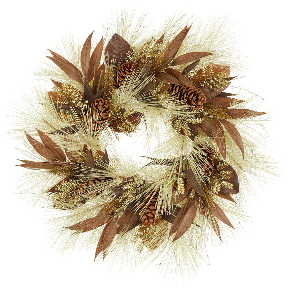 32" Mixed Artificial Long Needle & Willow Pine Wreath -Cream/Brown (Pack of 4)
