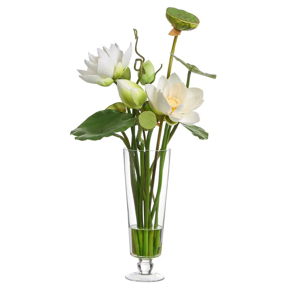 32"Hx18"W Lotus & Pod Silk Flower Arrangement w/Glass Vase -White/Green
