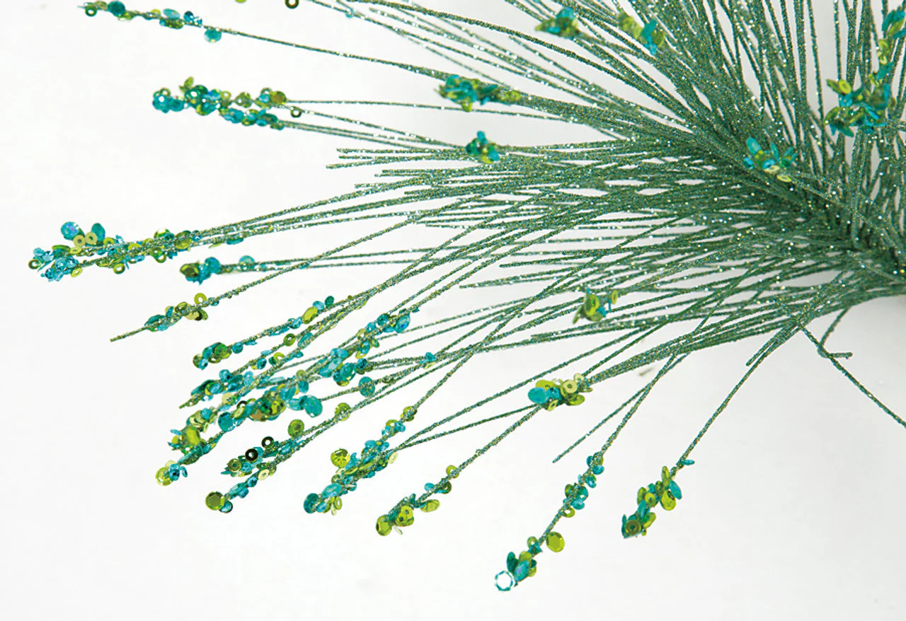 33" Glittered & Sequined Tips Artificial Needle Pine Stem -Green/Teal (Pack of 12) - Image 2