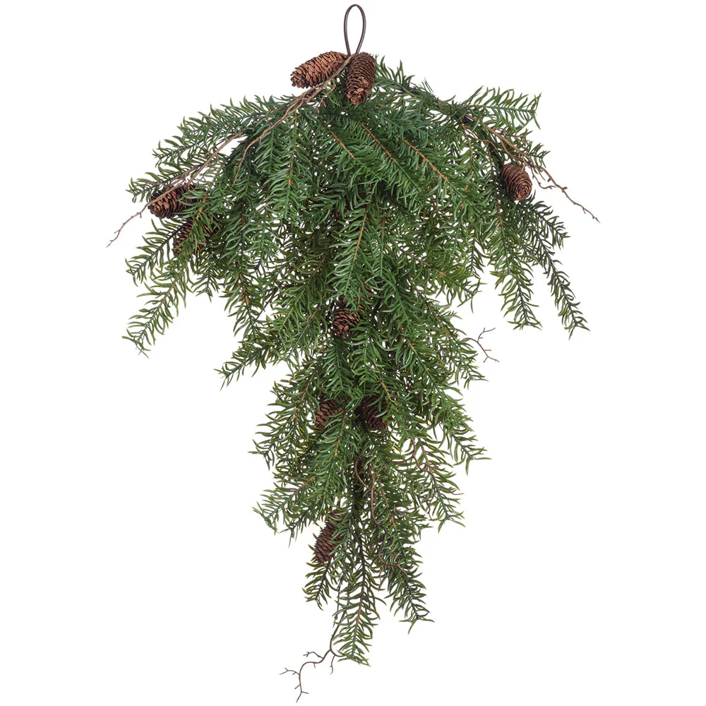 33" Pine & Pinecone Artificial Hanging Teardrop Door Swag -Green/Brown (Pack of 6)