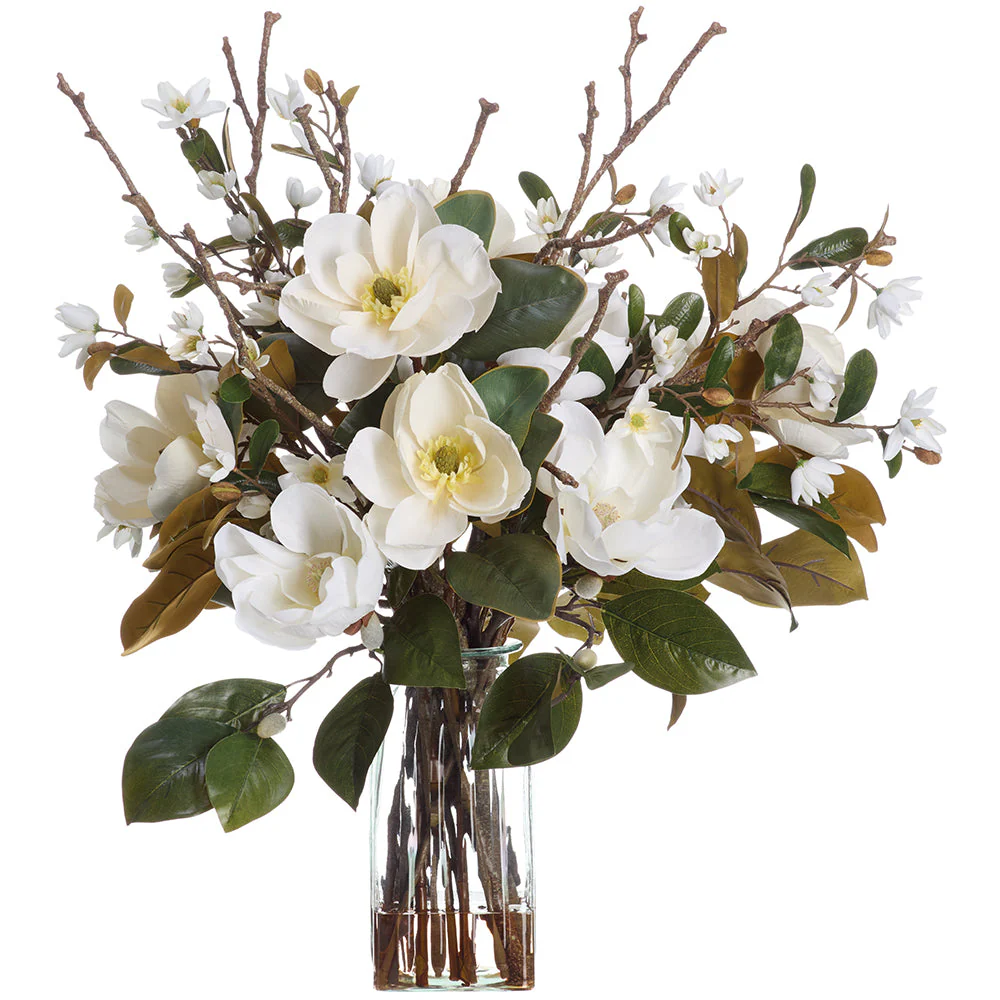 34.5"Hx34"W Magnolia Silk Flower Arrangement w/Glass Vase -White