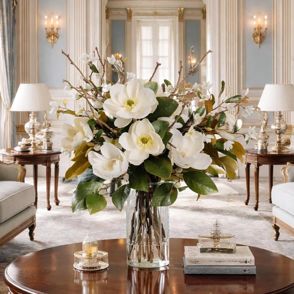 34.5"Hx34"W Magnolia Silk Flower Arrangement w/Glass Vase -White - Image 2