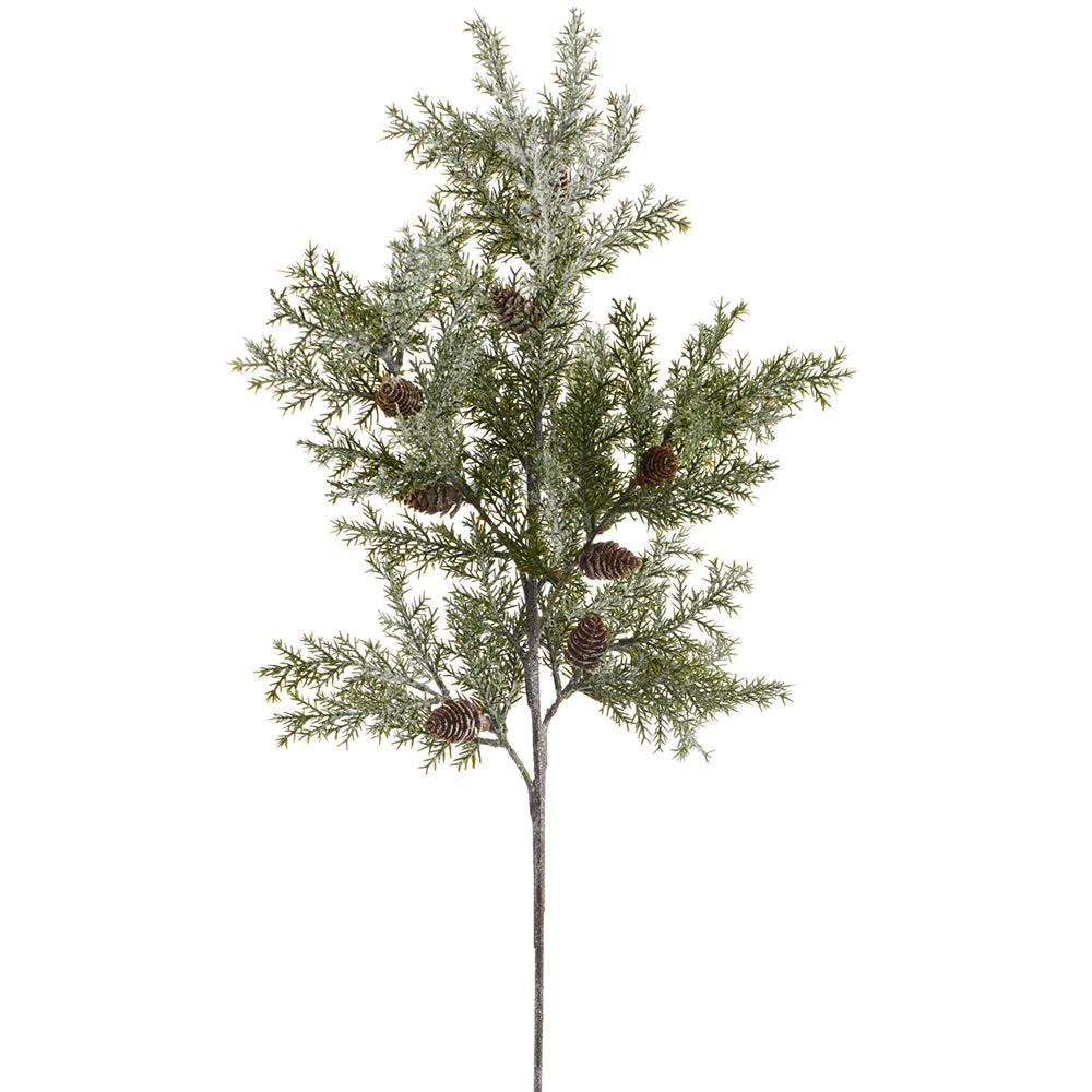 34" Glittered Artificial Cedar & Pinecone Stem -Green/Brown (Pack of 12)