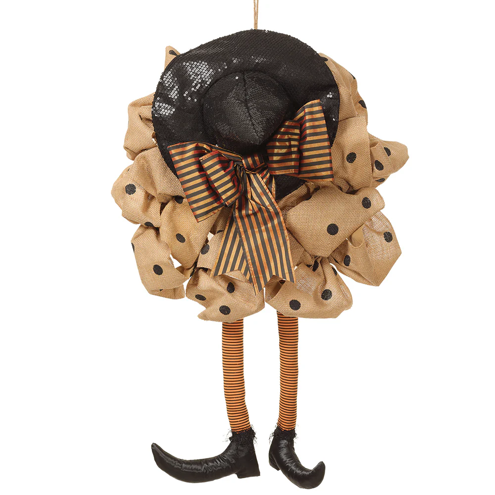 34" Halloween Witch's Legs Burlap Wreath -Black/Orange (Pack of 2)