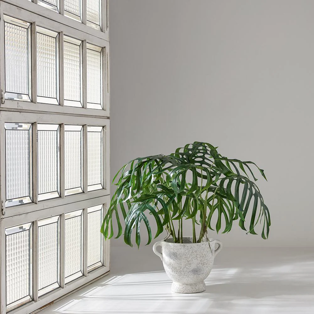 34"Hx32"W Split Philodendron Monstera Leaf Silk Plant w/Fiber Cement Planter -Green - Image 2