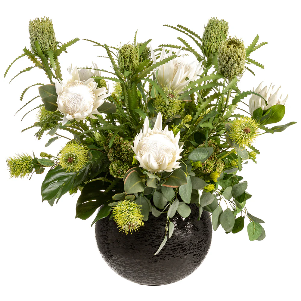 35.5"Hx31"W Protea, Banksia & Tropical Mixed Silk Flower Arrangement w/Aluminum Round Vase -Cream/Green