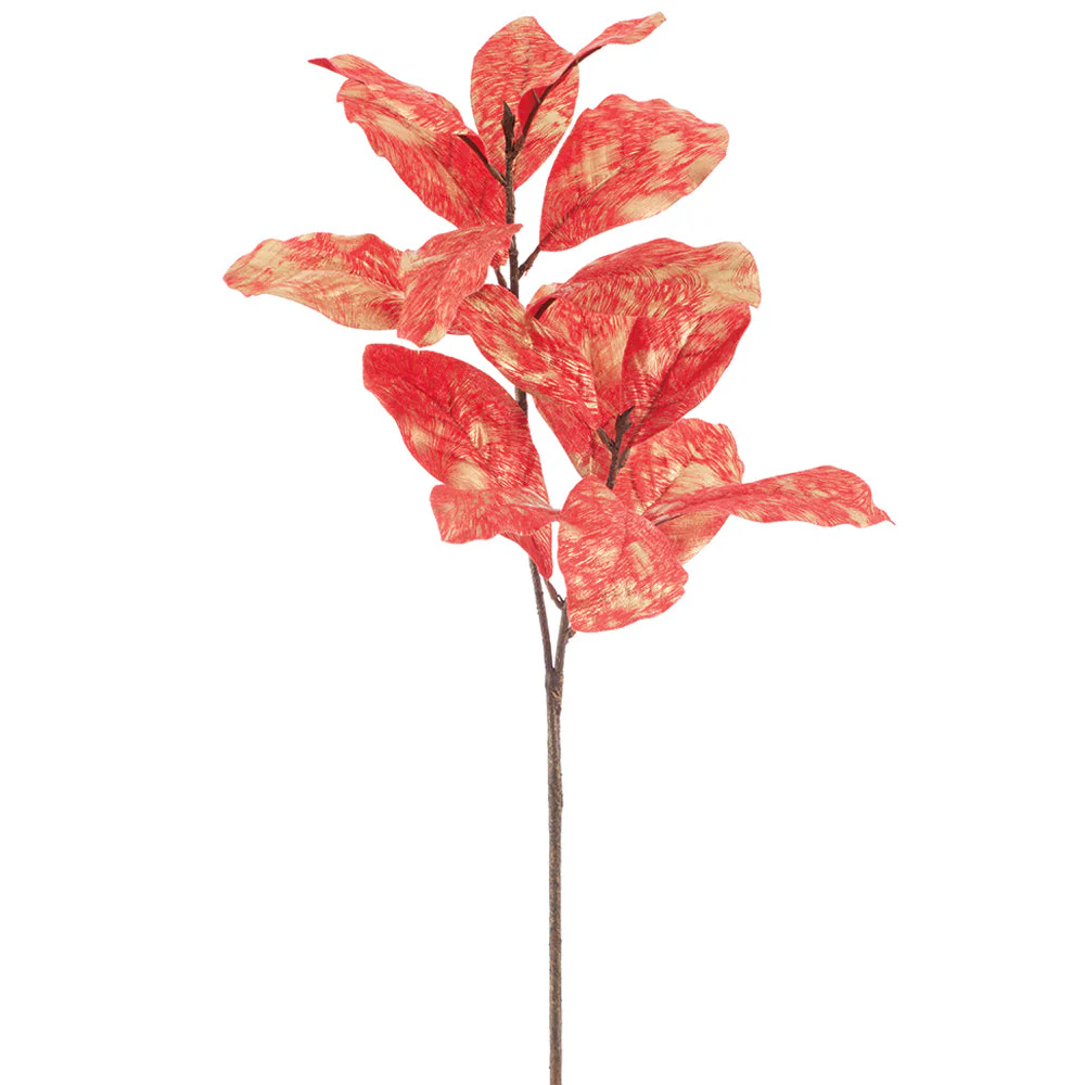 35" Metallic Artificial Magnolia Leaf Stem -Red/Gold (Pack of 6)