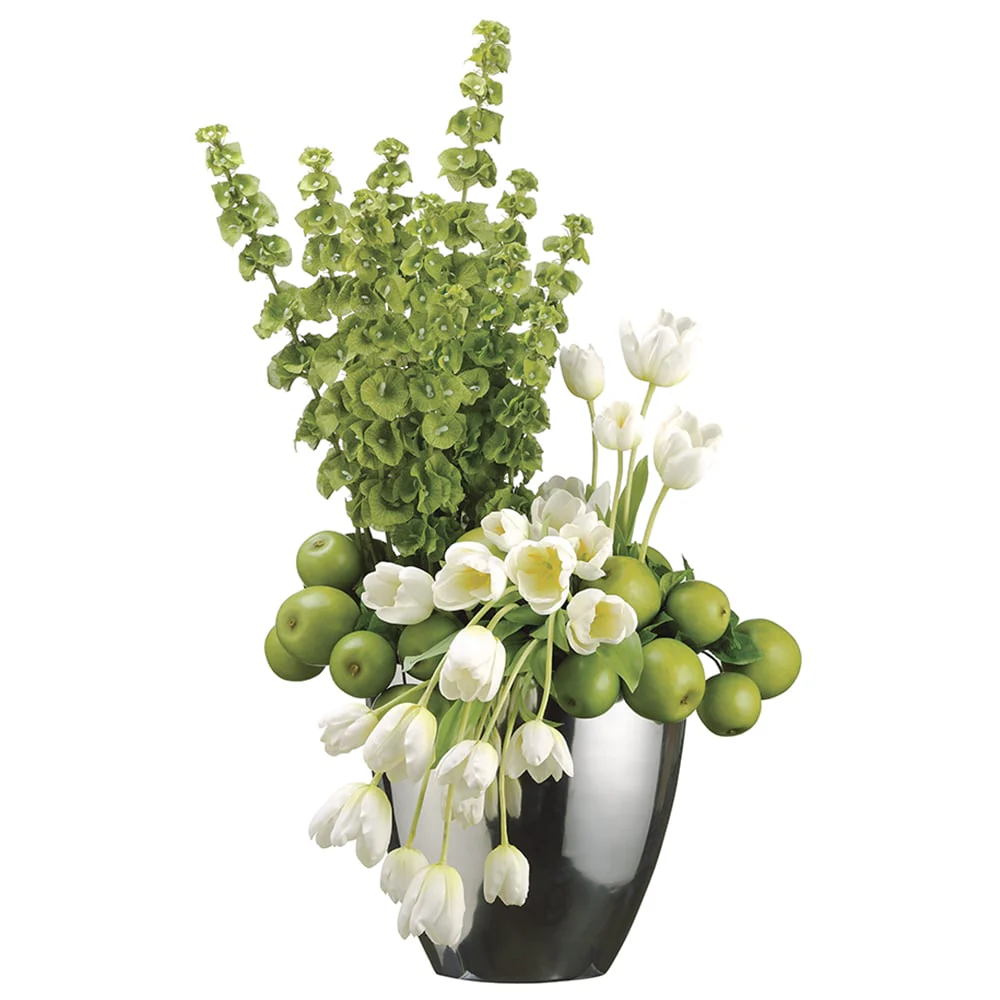 35"Hx19"W Tulip, Apple & Bells Of Ireland Silk Flower Arrangement -Green/White