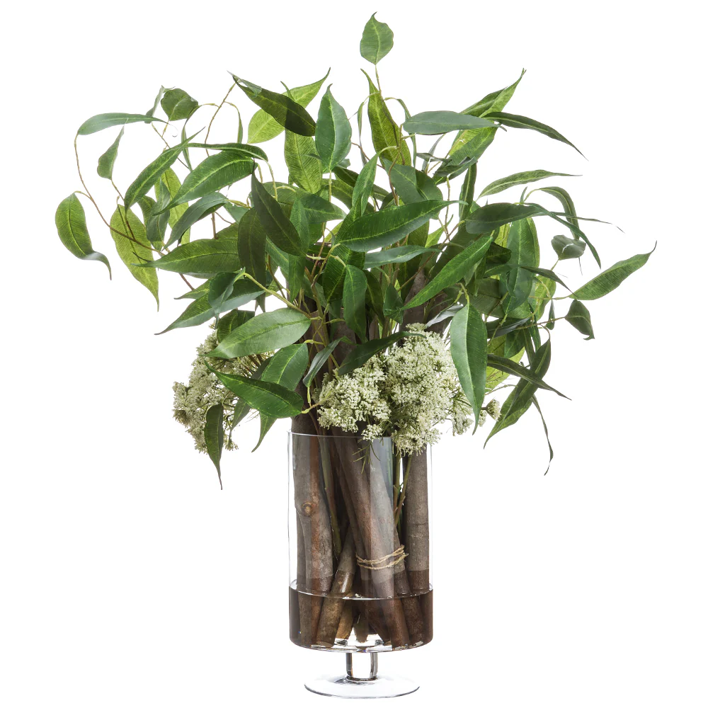 35"Hx36"W Eucalyptus & Driftwood Silk Plant w/Glass Vase -Green
