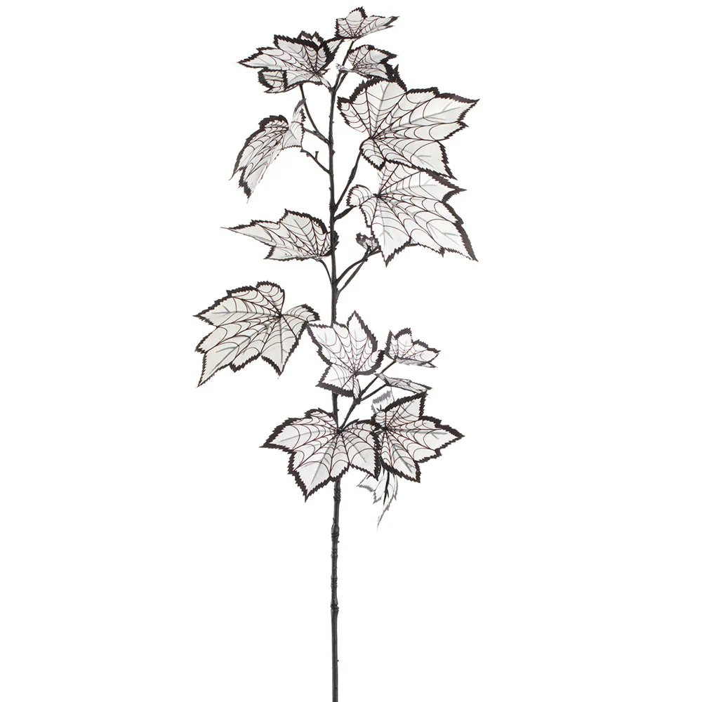 36" Artificial Maple Leaf Stem w/Spider Webs -White/Black (Pack of 12)