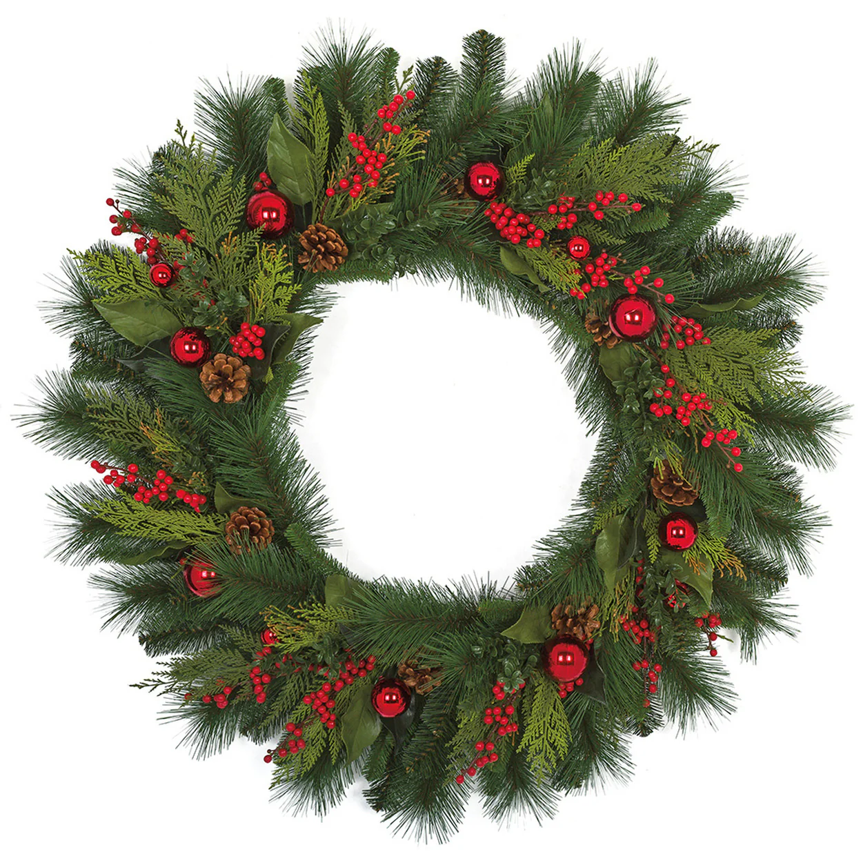 36" Artificial Mixed Hampton Pine Wreath -Green/Red
