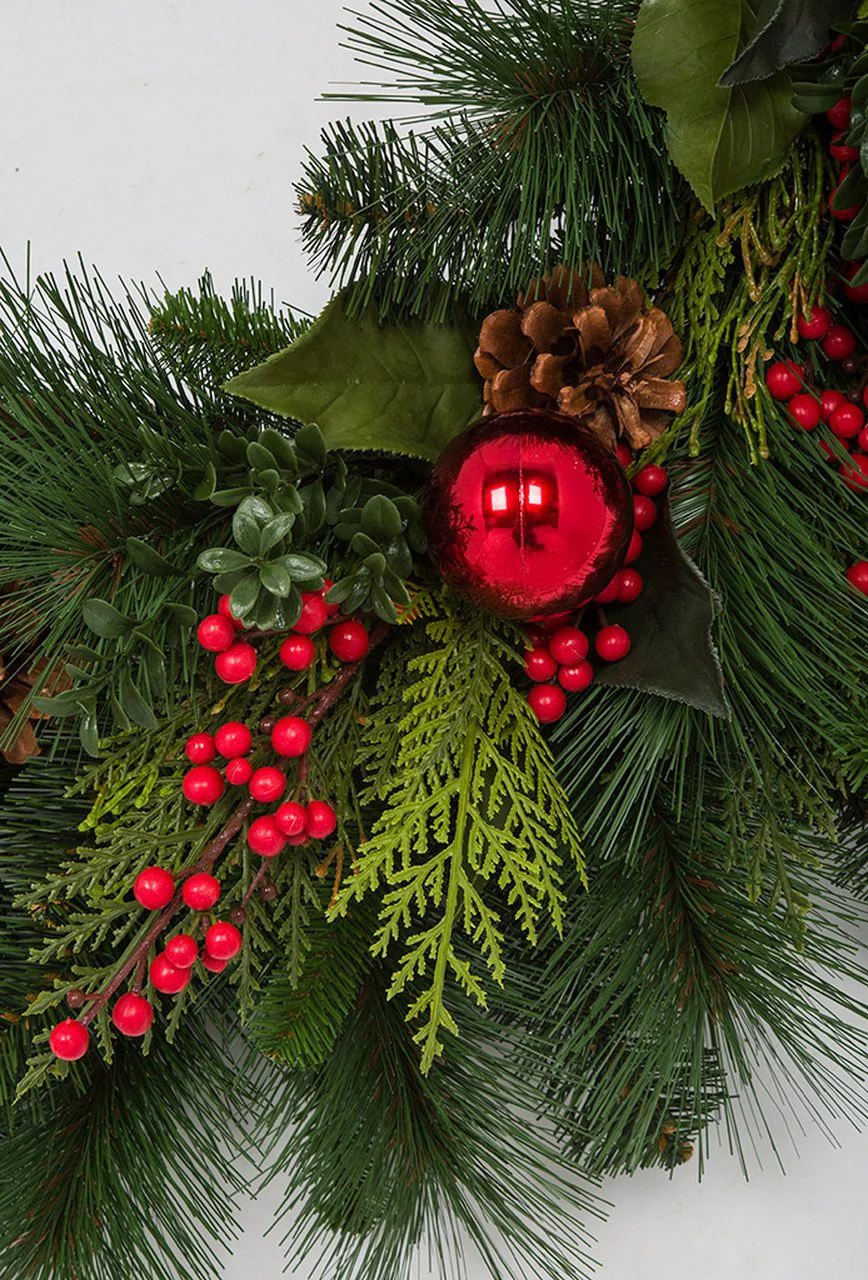 36" Artificial Mixed Hampton Pine Wreath -Green/Red - Image 2