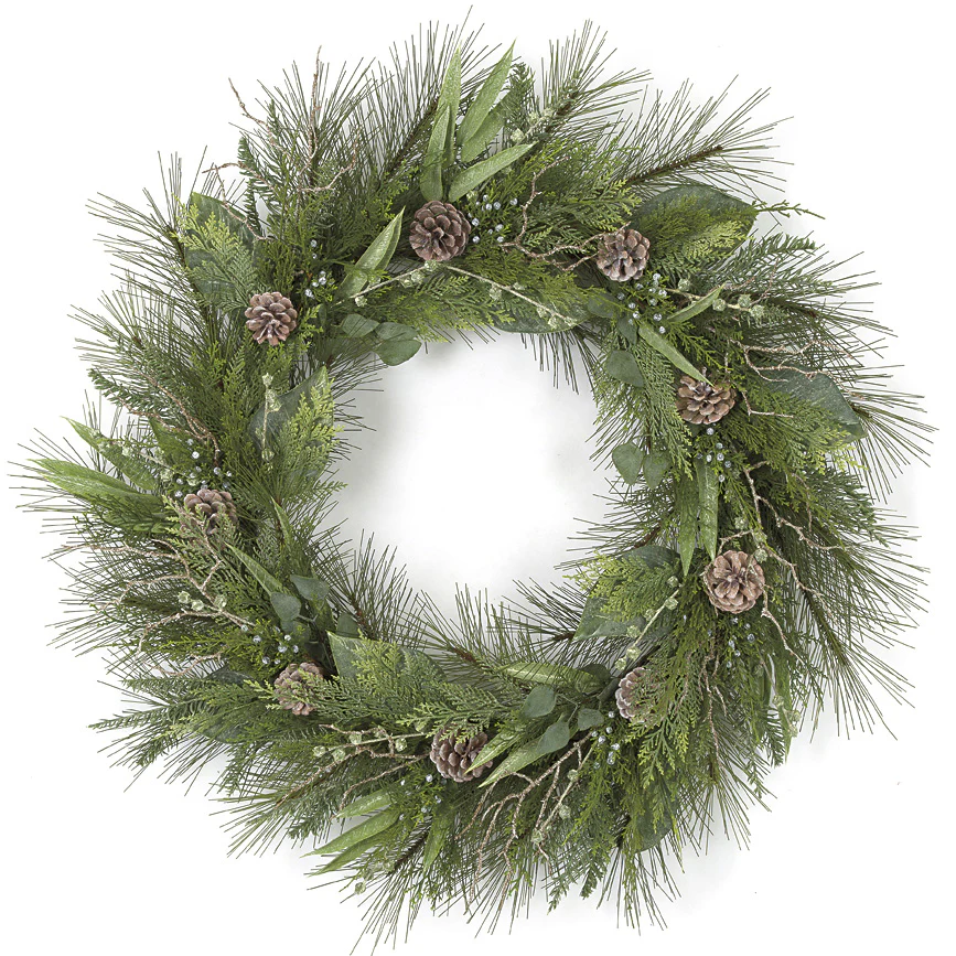 36" Artificial Mixed Pine, Bay Leaf, Juniper, Cedar & Pinecone Wreath -Green/Brown