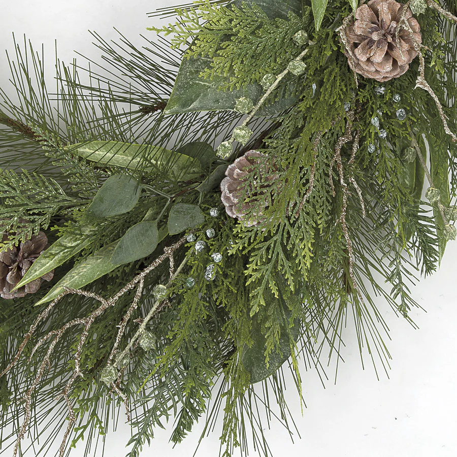 36" Artificial Mixed Pine, Bay Leaf, Juniper, Cedar & Pinecone Wreath -Green/Brown - Image 2
