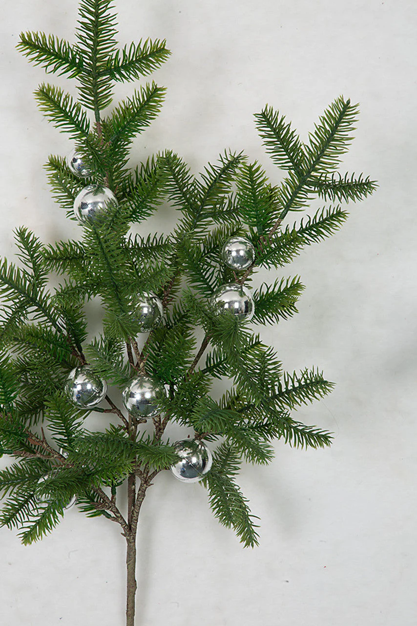 36" Artificial Pine & Shiny Ball Stem -Silver (Pack of 12) - Image 2