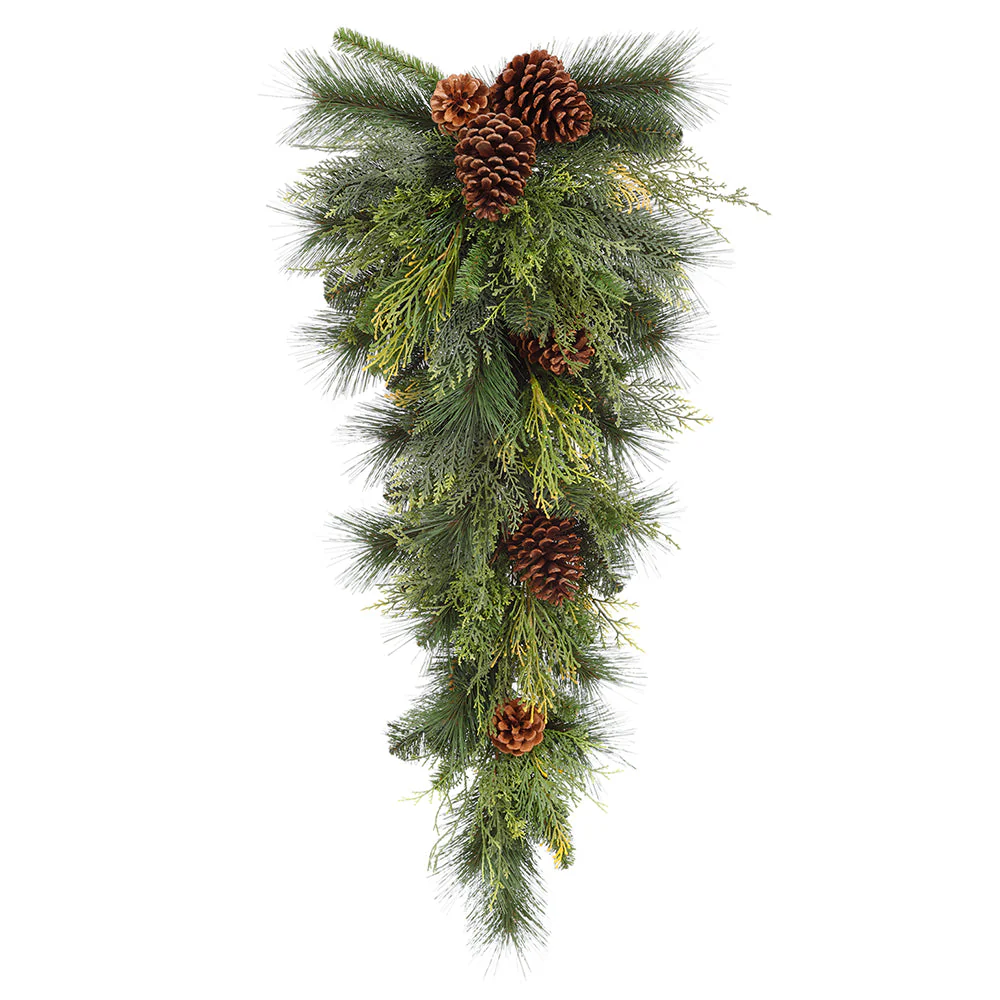 36" Artificial Pinecone, Cedar & Pine Teardrop Swag -Green/Brown (Pack of 2)