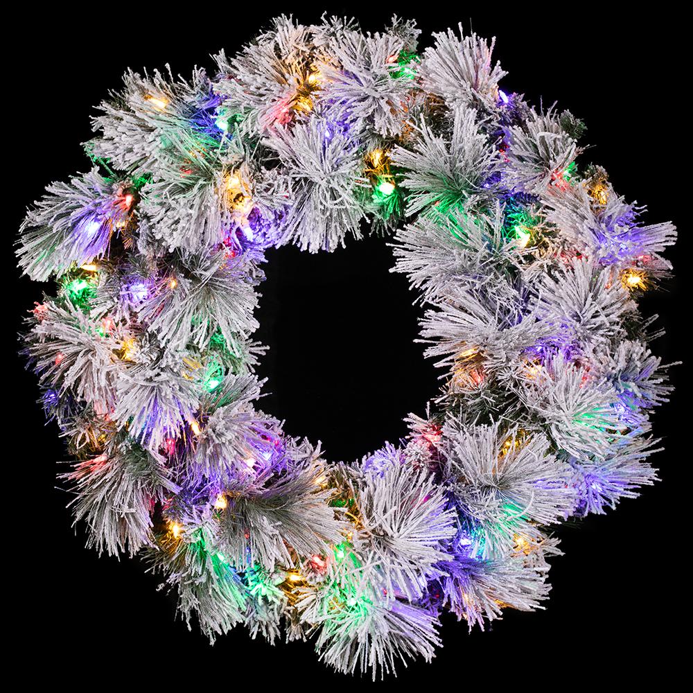 36" Flocked Pine Artificial Wreath, LED Pre-Lit (Multi-Mode) -Green/Snow - Image 2