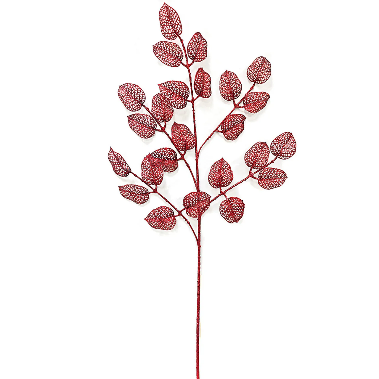 36" Glittered Artificial Leaf Stem -Red (Pack of 24)