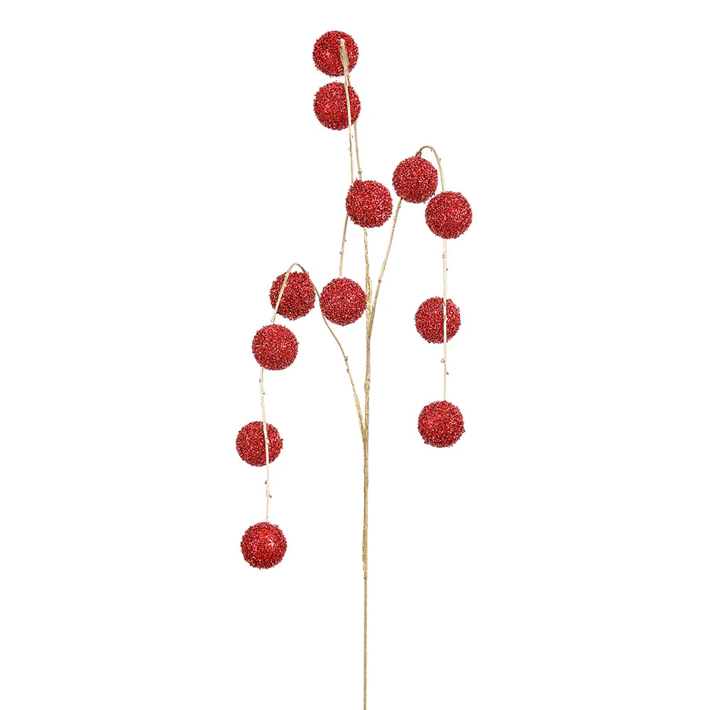36" Hanging Glittered Ball Artificial Stem -Red (Pack of 12)