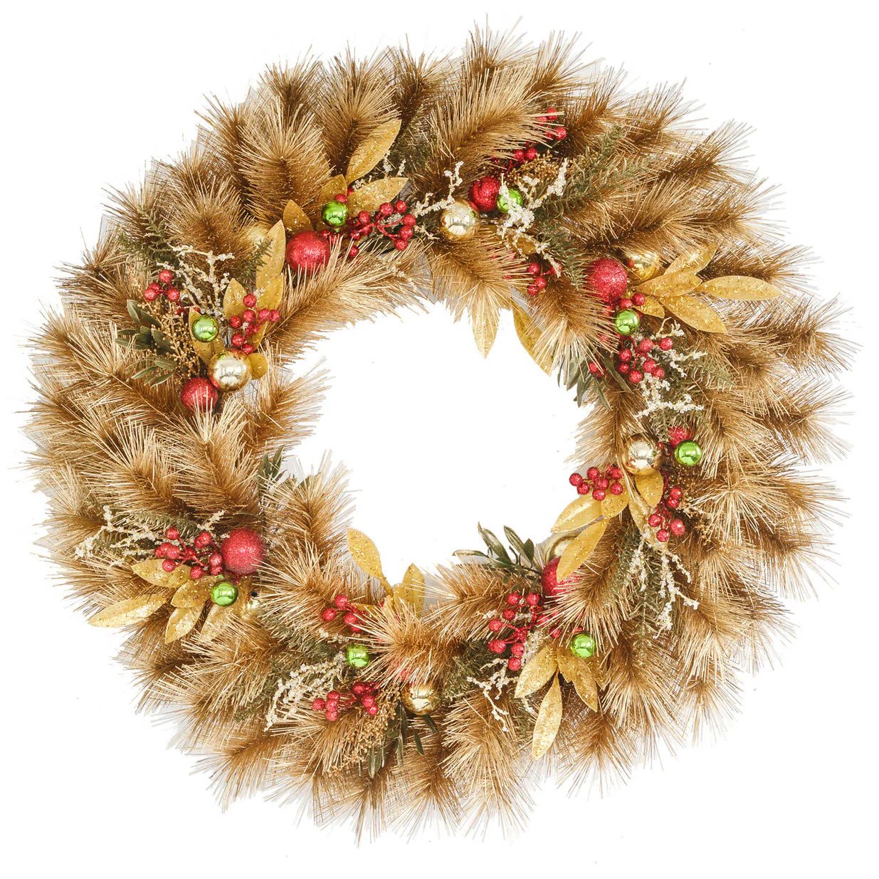 36" Longleaf Pine, Bay Leaf & Berry Artificial Hanging Wreath -Gold