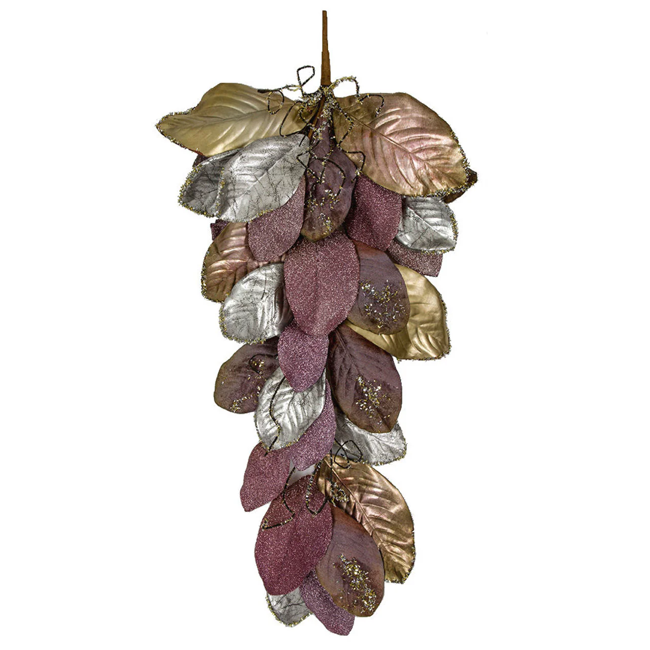36" Metallic & Glittered Artificial Velvet Magnolia Leaf Teardrop Swag -Purple/Silver (Pack of 4)