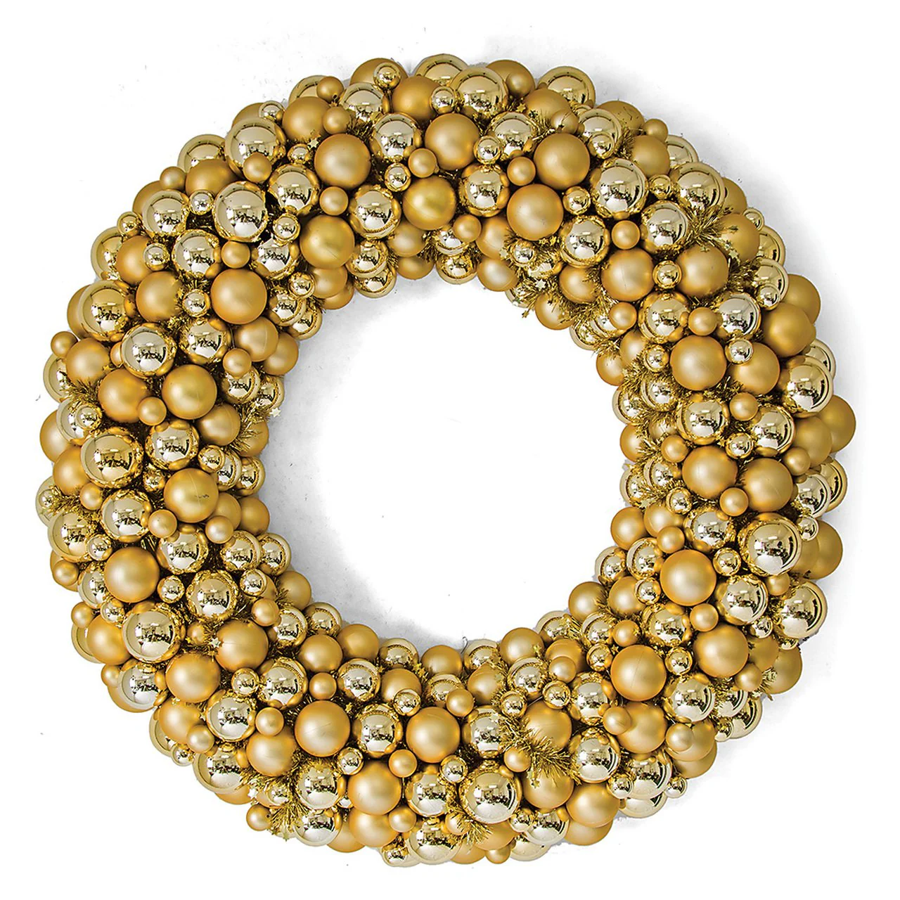 36" Mixed Plastic Matte & Reflective Ball & Tinsel Wreath -Gold