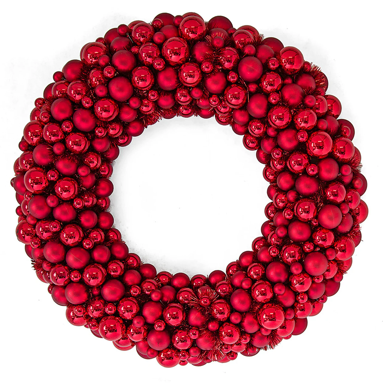 36" Mixed Plastic Matte & Reflective Ball & Tinsel Wreath -Red