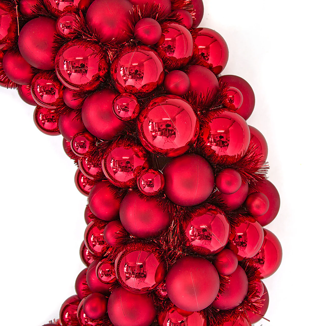 36" Mixed Plastic Matte & Reflective Ball & Tinsel Wreath -Red - Image 2