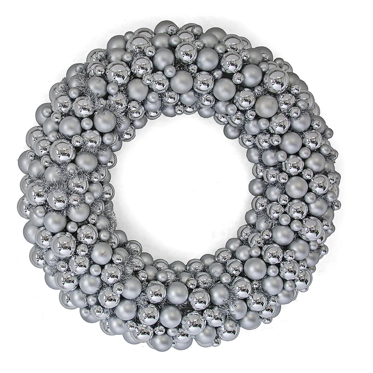 36" Mixed Plastic Matte & Reflective Ball & Tinsel Wreath -Silver