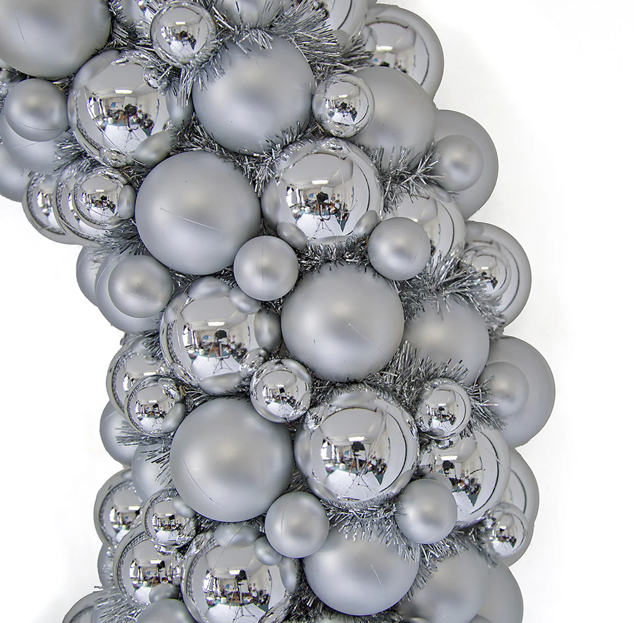 36" Mixed Plastic Matte & Reflective Ball & Tinsel Wreath -Silver - Image 2
