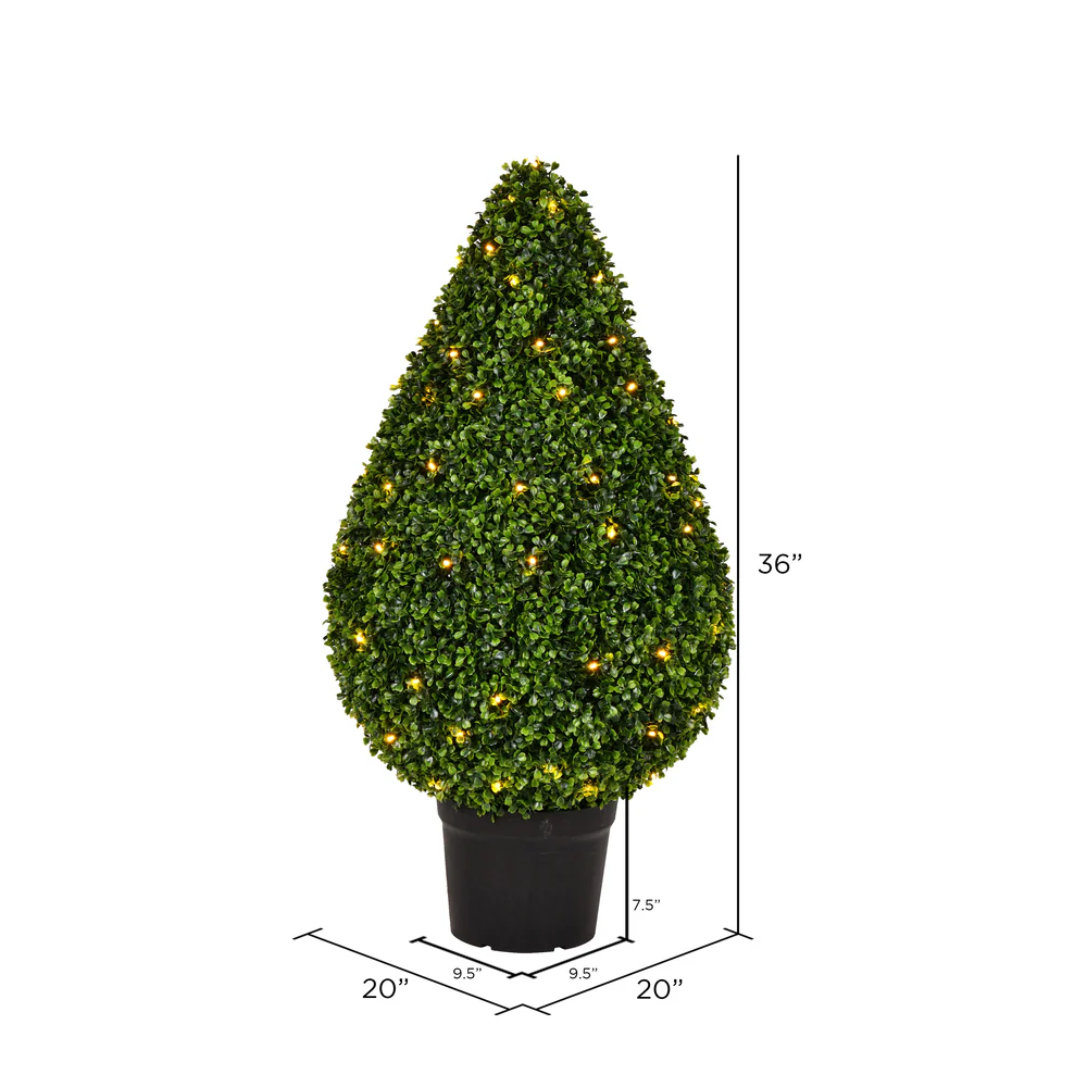 36" Outdoor UV-Resistant Artificial Boxwood Teardrop-Shaped Topiary w/Planter, Micro LED Pre-Lit -Green - Image 5